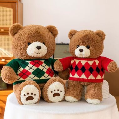 Cute teddy bear plush with knitted argyle sweater design