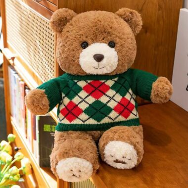 Cute teddy bear plush with knitted argyle sweater design