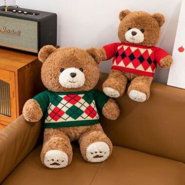 Cute teddy bear plush with knitted argyle sweater design