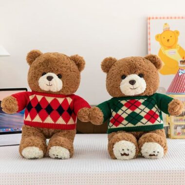 Cute teddy bear plush with knitted argyle sweater design