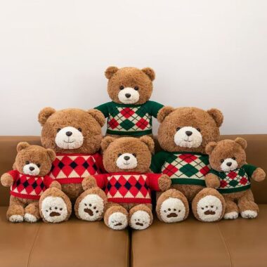 Cute teddy bear plush with knitted argyle sweater design