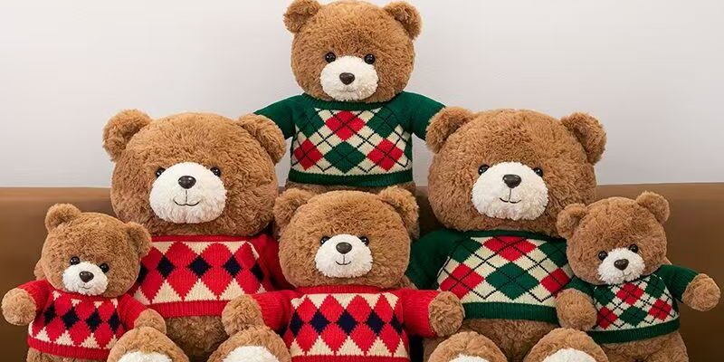 Cute teddy bear plush with knitted argyle sweater design