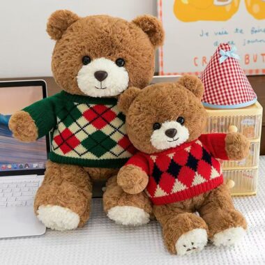 Cute teddy bear plush with knitted argyle sweater design