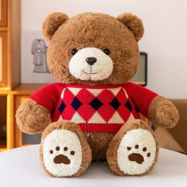 Cute teddy bear plush with knitted argyle sweater design
