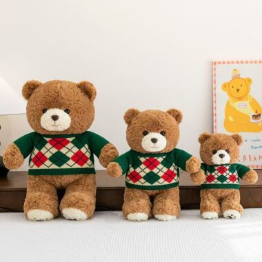 Cute teddy bear plush with knitted argyle sweater design