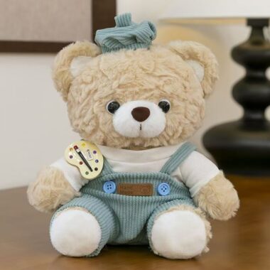 Artist teddy bear plush wearing a painter’s outfit and hat