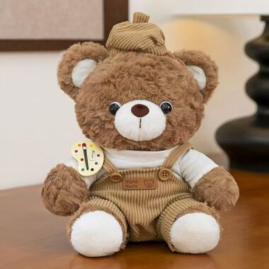 Artist teddy bear plush wearing a painter’s outfit and hat