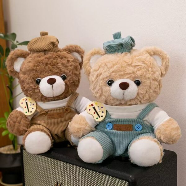 Artist teddy bear plush wearing a painter’s outfit and hat