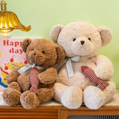 Cute fishing teddy bear plush toy for birthday gifting