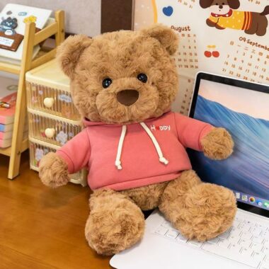 Cute teddy bear plush wearing a soft hoodie outfit