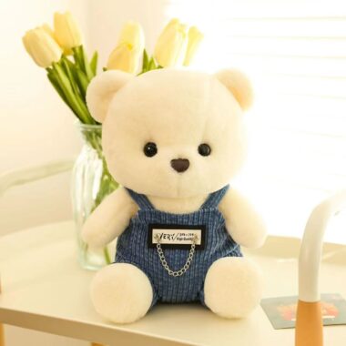 Cute overalls teddy bear plush toy for birthday gifting