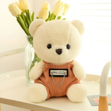 Cute overalls teddy bear plush toy for birthday gifting