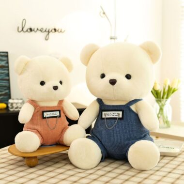 Cute overalls teddy bear plush toy for birthday gifting