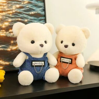 Cute overalls teddy bear plush toy for birthday gifting