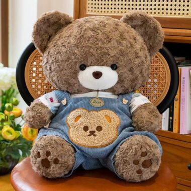 Cute teddy bear plush wearing soft overalls outfit design