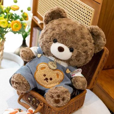 Cute teddy bear plush wearing soft overalls outfit design