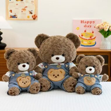Cute teddy bear plush wearing soft overalls outfit design