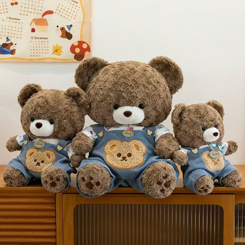 Cute teddy bear plush wearing soft overalls outfit design