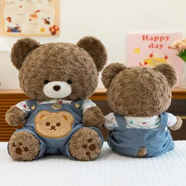 Cute teddy bear plush wearing soft overalls outfit design