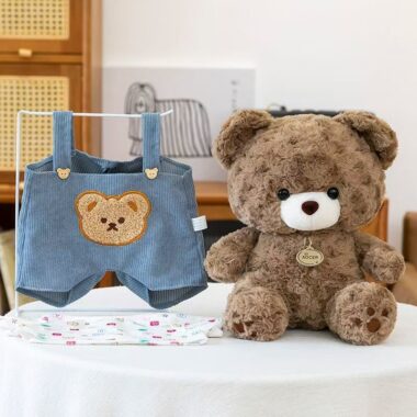 Cute teddy bear plush wearing soft overalls outfit design