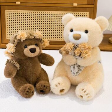 Cute teddy bear plush with headband and bouquet design