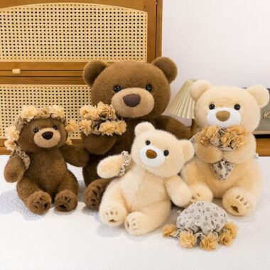 Cute teddy bear plush with headband and bouquet design