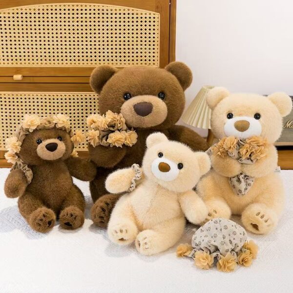 Cute teddy bear plush with headband and bouquet design