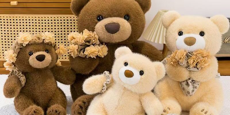 Cute teddy bear plush with headband and bouquet design