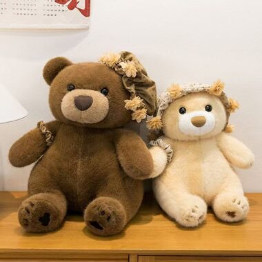 Cute teddy bear plush with headband and bouquet design