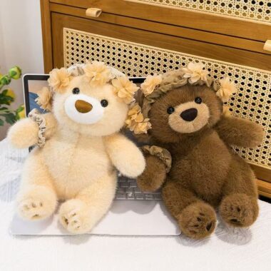 Cute teddy bear plush with headband and bouquet design