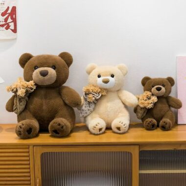 Cute teddy bear plush with headband and bouquet design