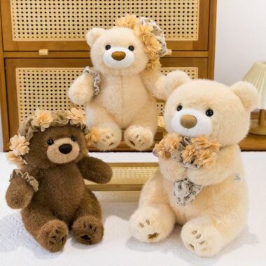 Cute teddy bear plush with headband and bouquet design