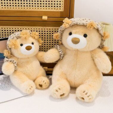 Cute teddy bear plush with headband and bouquet design