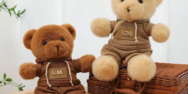 Cute teddy bear plush wearing a cozy hoodie outfit
