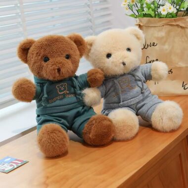Cute teddy bear plush wearing a cozy hoodie outfit