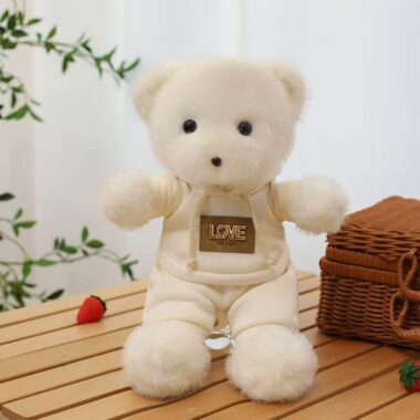 Cute teddy bear plush wearing a cozy hoodie outfit