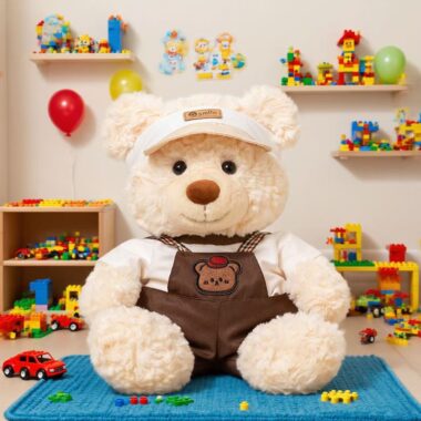 Soft cute teddy bear plush wearing strap-style outfit