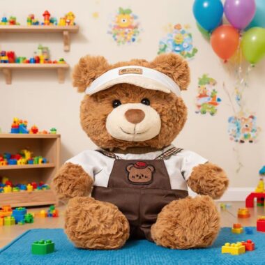 Soft cute teddy bear plush wearing strap-style outfit