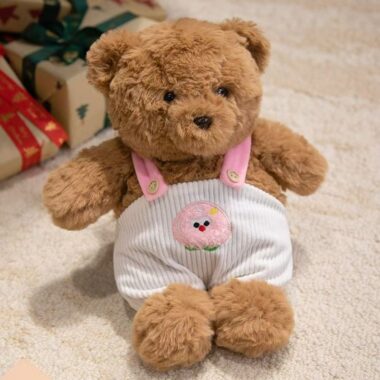 Cute teddy bear plush wearing strap overalls for gifting