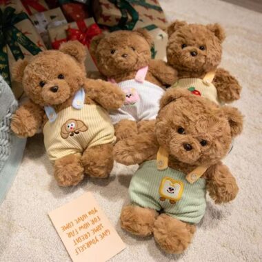 Cute teddy bear plush wearing strap overalls for gifting