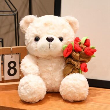 Cute teddy bear holding flowers for romantic gifting