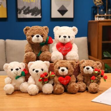 Cute teddy bear holding flowers for romantic gifting