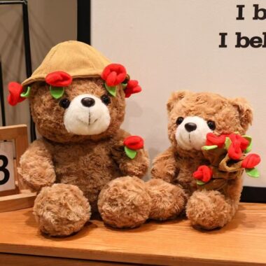 Cute teddy bear holding flowers for romantic gifting