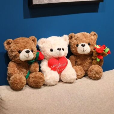 Cute teddy bear holding flowers for romantic gifting