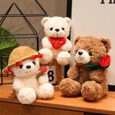 Cute teddy bear holding flowers for romantic gifting