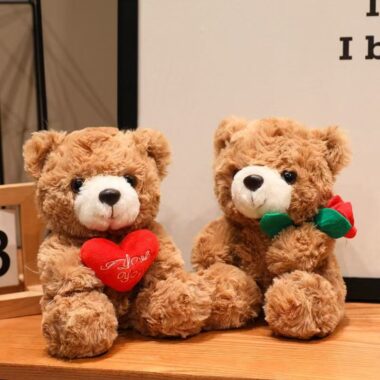 Cute teddy bear holding flowers for romantic gifting